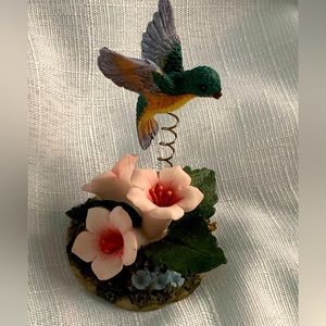 Ceramic Tiny Hummingbird Figurine on a Spring with Three Pink Flowers